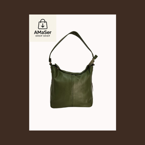 Bolso tipo hobo de piel genuina de res color verde oliva