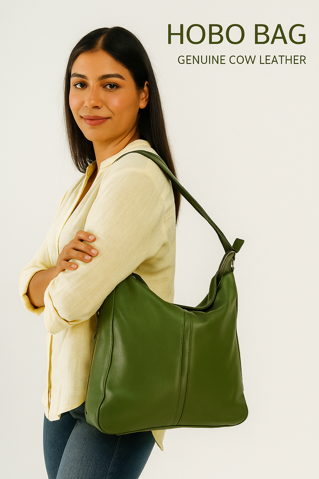 Bolso tipo hobo de piel genuina de res color verde oliva